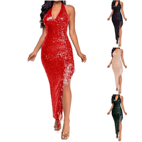 Swuxness Women Sleeveless Formal Maxi Dresses, Women Maxi Evening Gown, Women's V Neck Spaghetti Strap Backless Asymmetrical Slit Fringe Long Formal Evening Gown Gold, XL