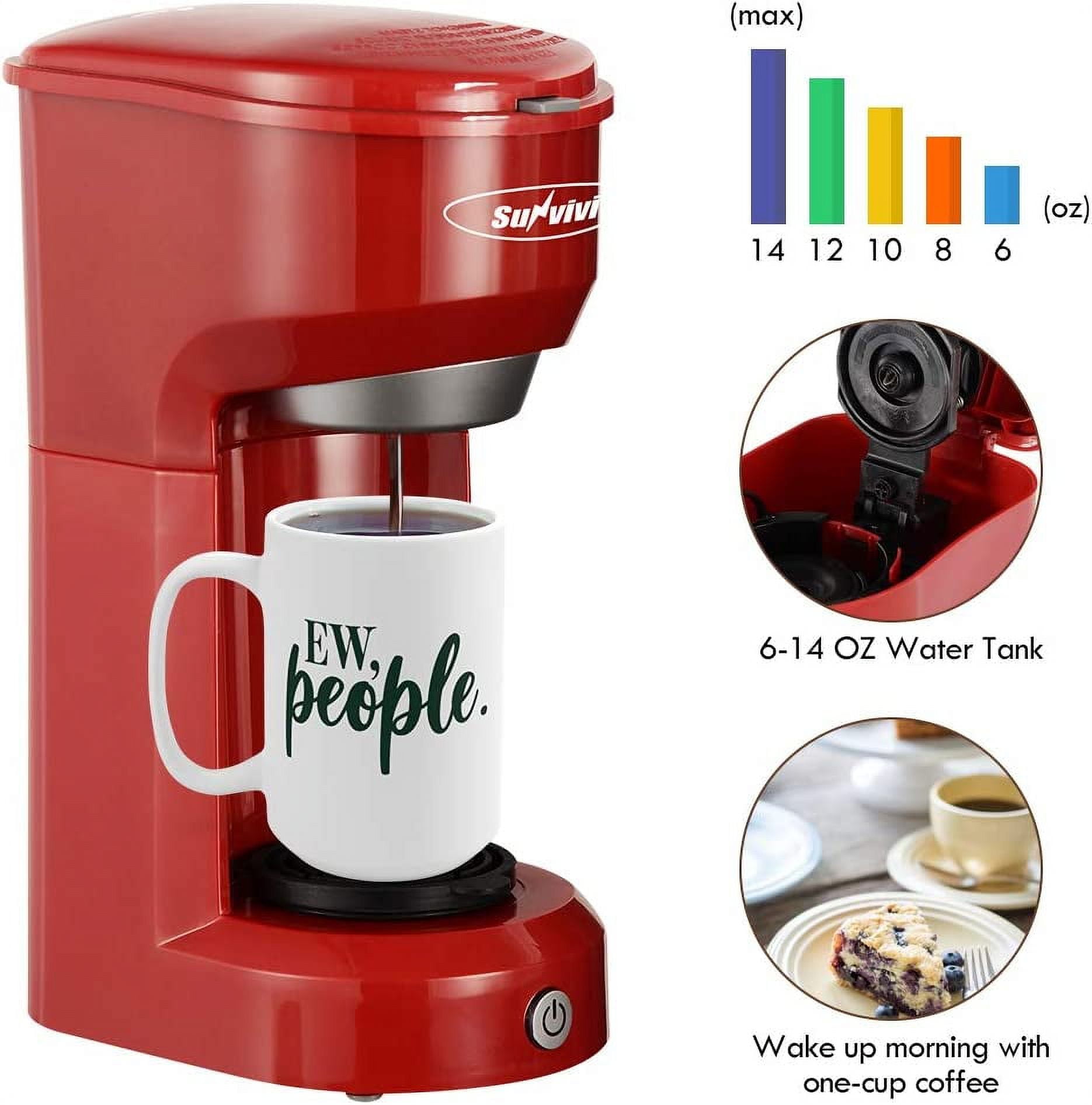 Coffee Maker, Single Serve Coffee Maker Machine 6 to 14 oz with Permanent Filter, Compatible with K Cup Pod & Ground Coffee, Red, Size: 10.9 x 6.6 x