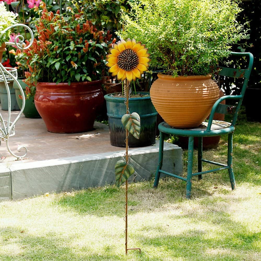 Juegoal 28 Inch Flowers Garden Stake Decor Metal Art Colorful Look & Personalities Sunflowers and Ladybugs Decoration Yard Outdoor Lawn Pathway Patio Ornaments 