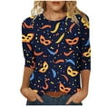 thumbnail image 2 of Pounoo Womens Mardi Gras Tops Mask Graphic Crew Neck 3/4 Sleeve Shirts 3D Print Top Mardi Gras Outfit Carnival Themed Party Tees Gift, 2 of 6