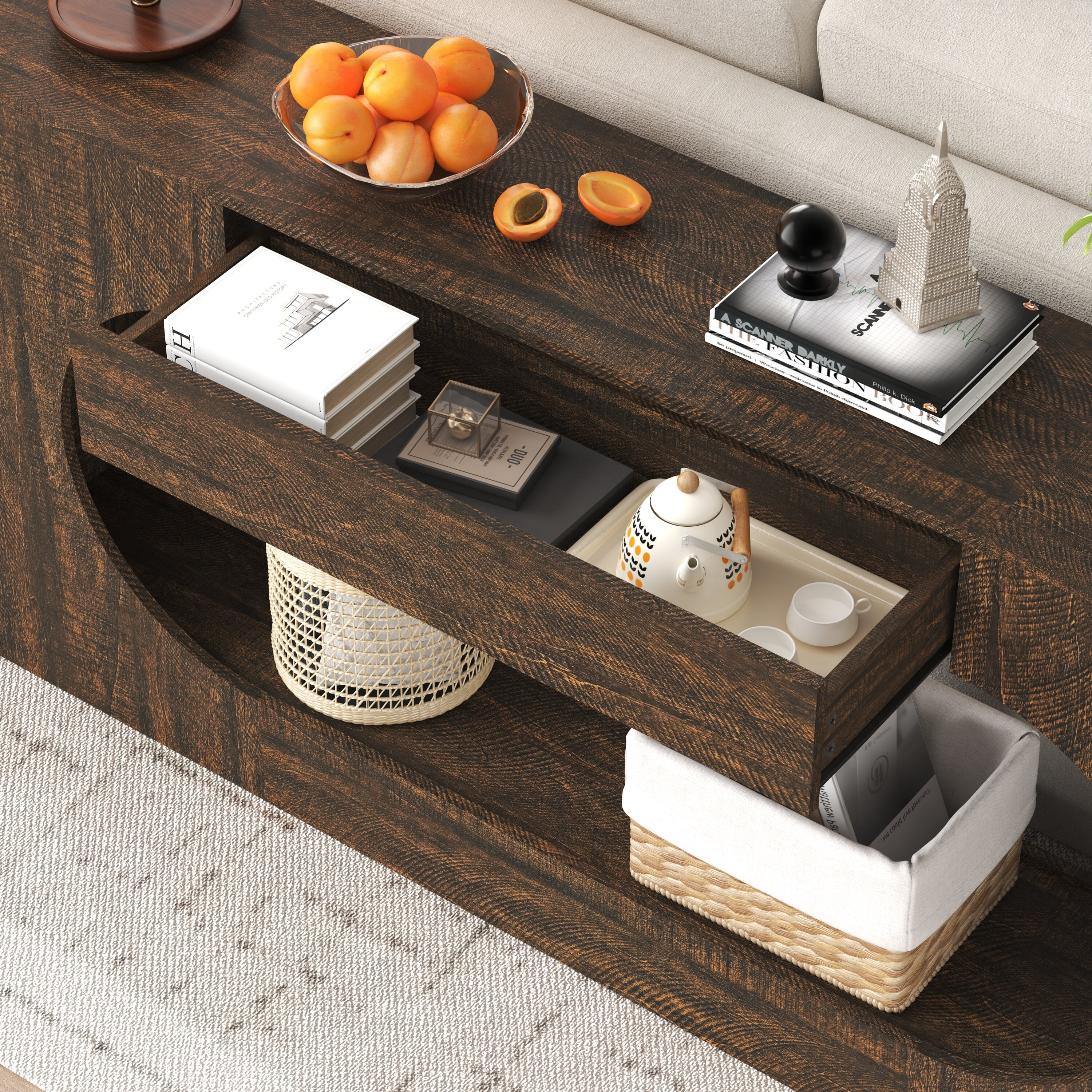 Mintazer Wood Grain Console Table with Drawer, 63"W Oval Hollow Frame Narrow Entryway Accent Table for Hallway,Living Room, Stairside, Walnut