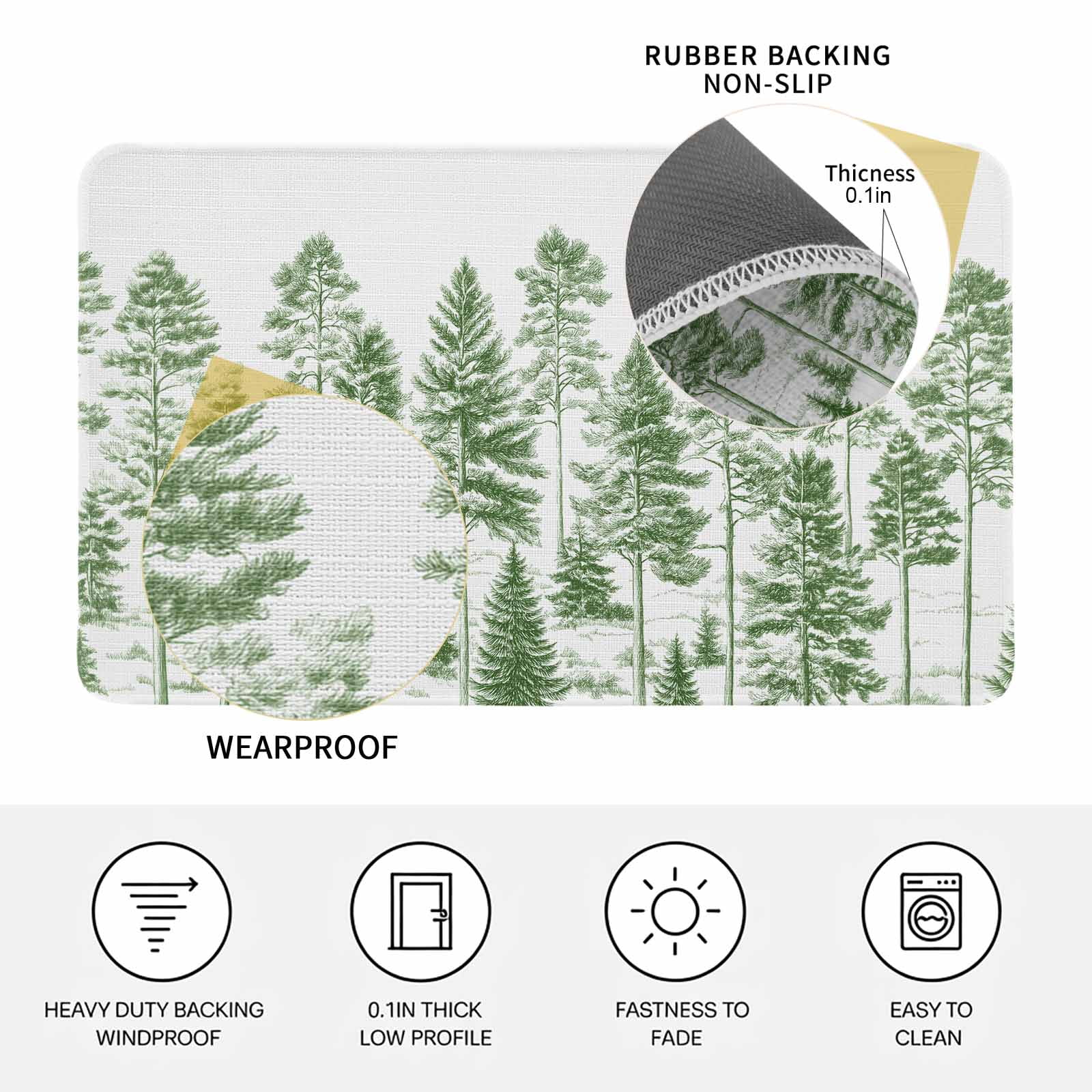 Green Pine Tree Doormat Outdoor Entrance 24"x36", Vintage Watercolor Botanical Absorb Moisture Dirt Door Mats, Non-Slip Rubber Backing Floor Mats Indoor, Low-Profile Front Door Rugs