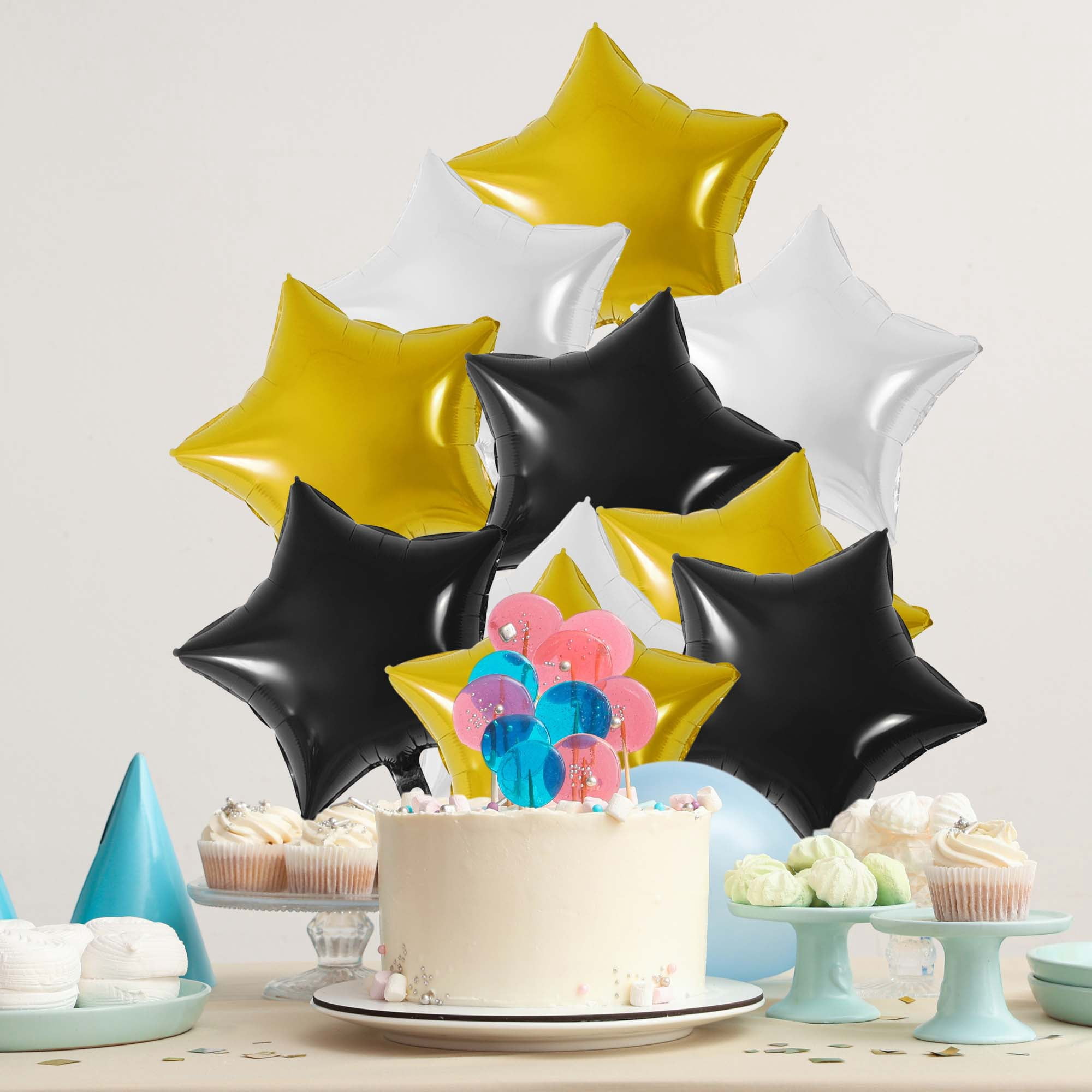 Unique Bargains 10Pcs Helium Balloons with Ribbon Star Pattern Black Gold Silver Tone