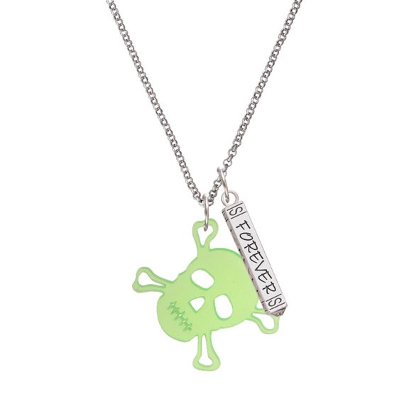 Delight Jewelry Acrylic Large Lime Green Skull Silvertone Forever Bar Charm Necklace, 23"