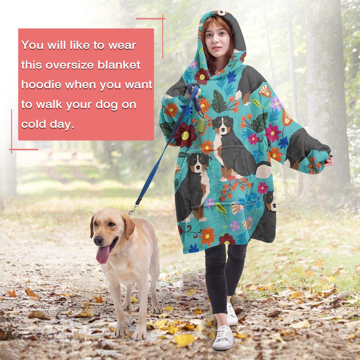 Wearable Oversized Blanket,Bernese Mountain and Flower Wearable Blanket Hoodie for Adults,Cozy Hooded Blankets with Super Pockets,Super Warm Fuzzy Pullover for Women & Men