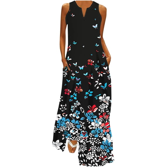 Lindreshi Summer Dresses for Women 2024 Women Casual Loose Printed Tank Dress Beach V-neck Pocket Sundress Sleeveless Dresses