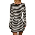thumbnail image 4 of Fall Trendy Womens Long Sleeve Striped Pullover Sweater Crew Neck Casual Ribbed Knit Tunic Mini Dress, 4 of 5