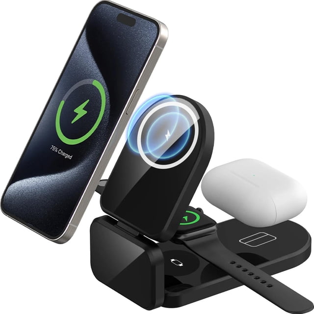 Soporte cargador inalámbrico magnético plegable 3 en 1: estación de carga rápida de 15 W con lámpara LED y soporte para teléfono