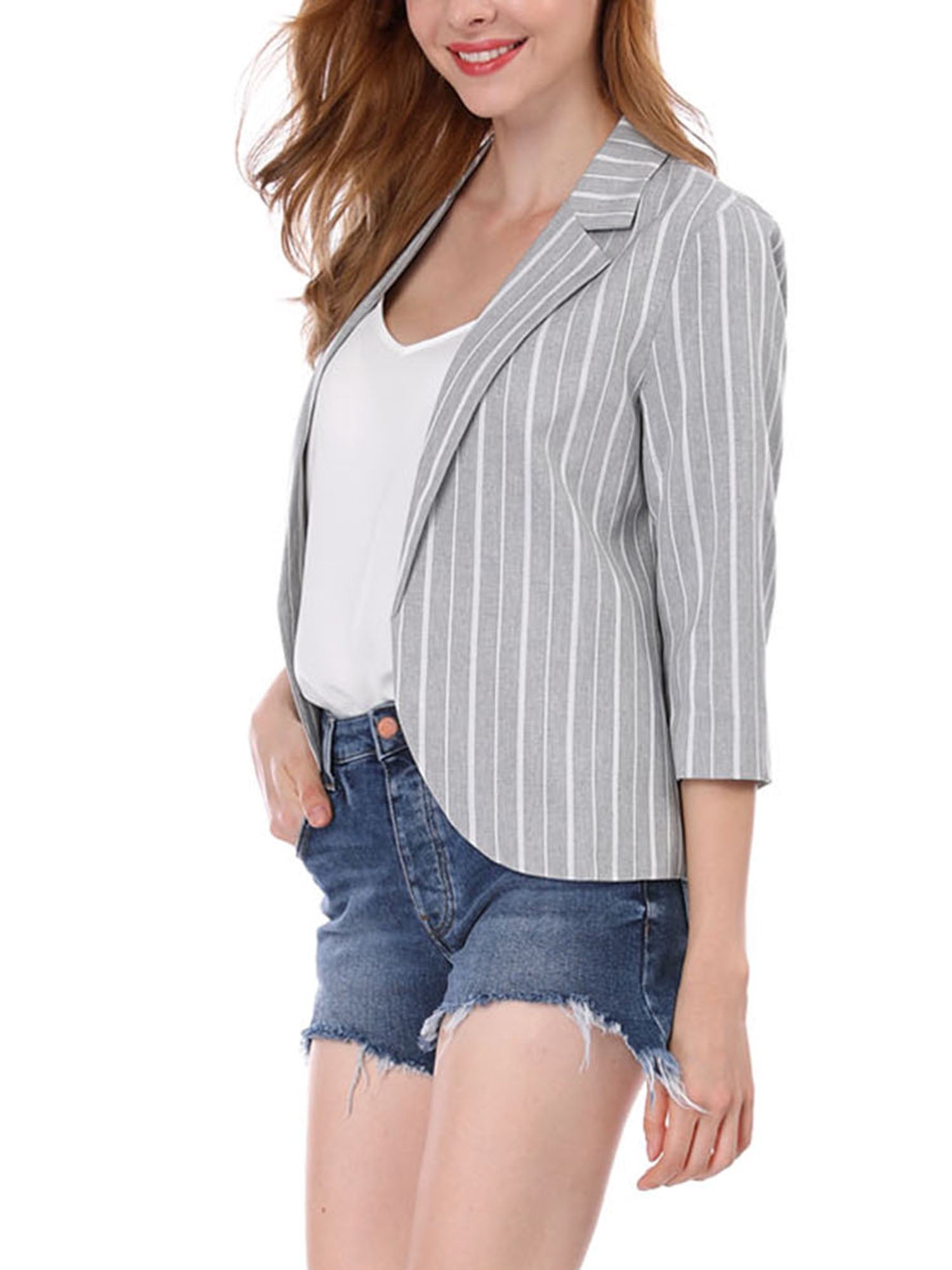DARING DIVA Women's Striped Open Front Notched Lapel Blazer XL Gray