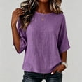 thumbnail image 5 of Women's Crew Neck Tops Textured Dolman 3/4 Sleeve T-Shirt Casual Linen Blend Summer Top for Women Purple M, 5 of 5