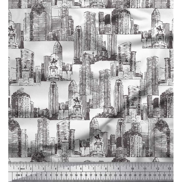 Soimoi White Silk Fabric Buildings Architectural Decor Fabric Printed Yard 44 Inch Wide