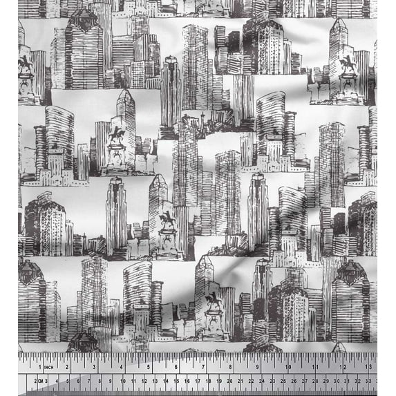 Soimoi White Moss Georgette Fabric Buildings Architectural Fabric Prints By Yard 44 Inch Wide