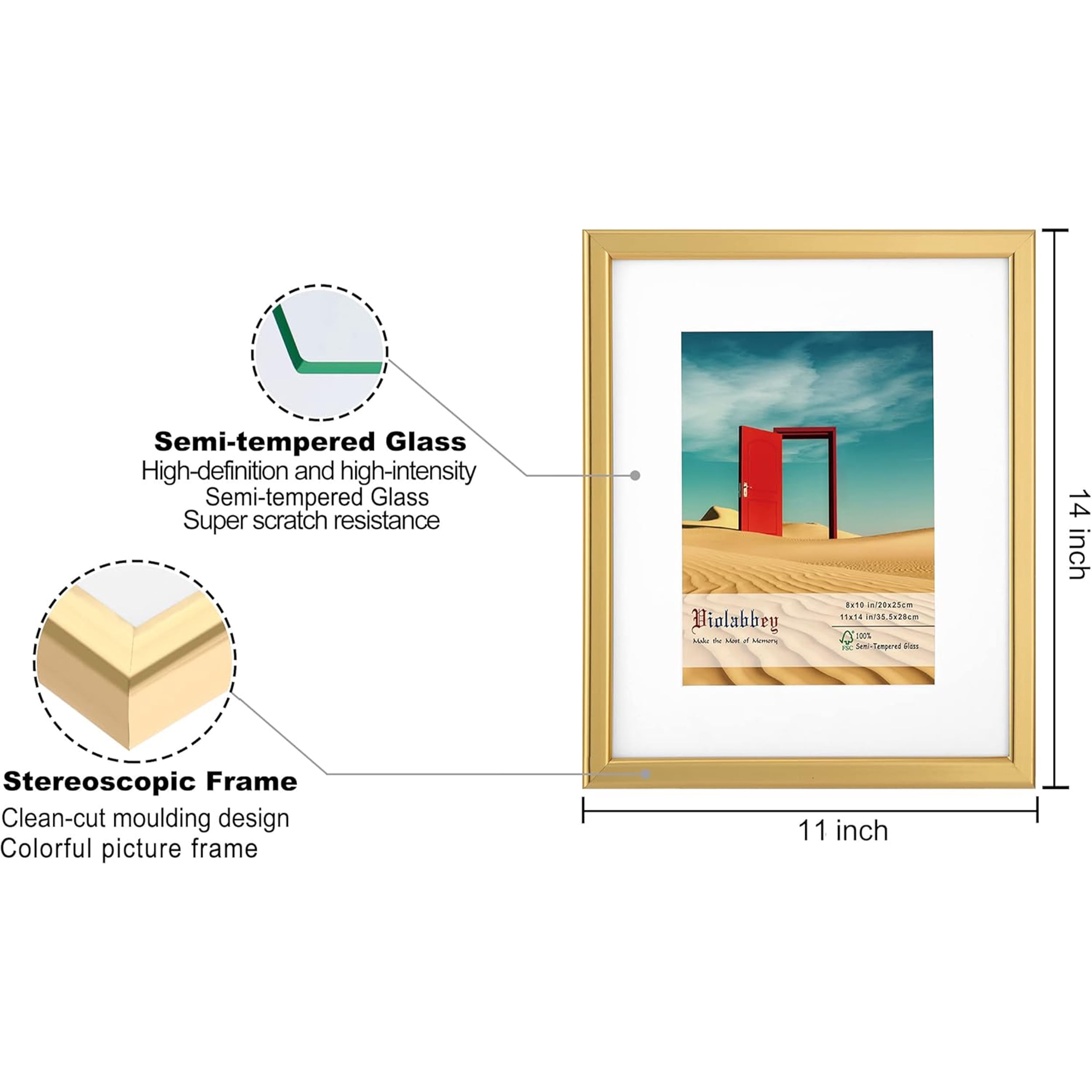 VIOLABBEY 11x14 Picture Frames Set of 4, Fits 8x10 Pictures with Ivory Mat or 11x14 without Mat, Vertical or Horizontal for Wall or Tabletop Display, Semi Tempered Glass, Light Gold