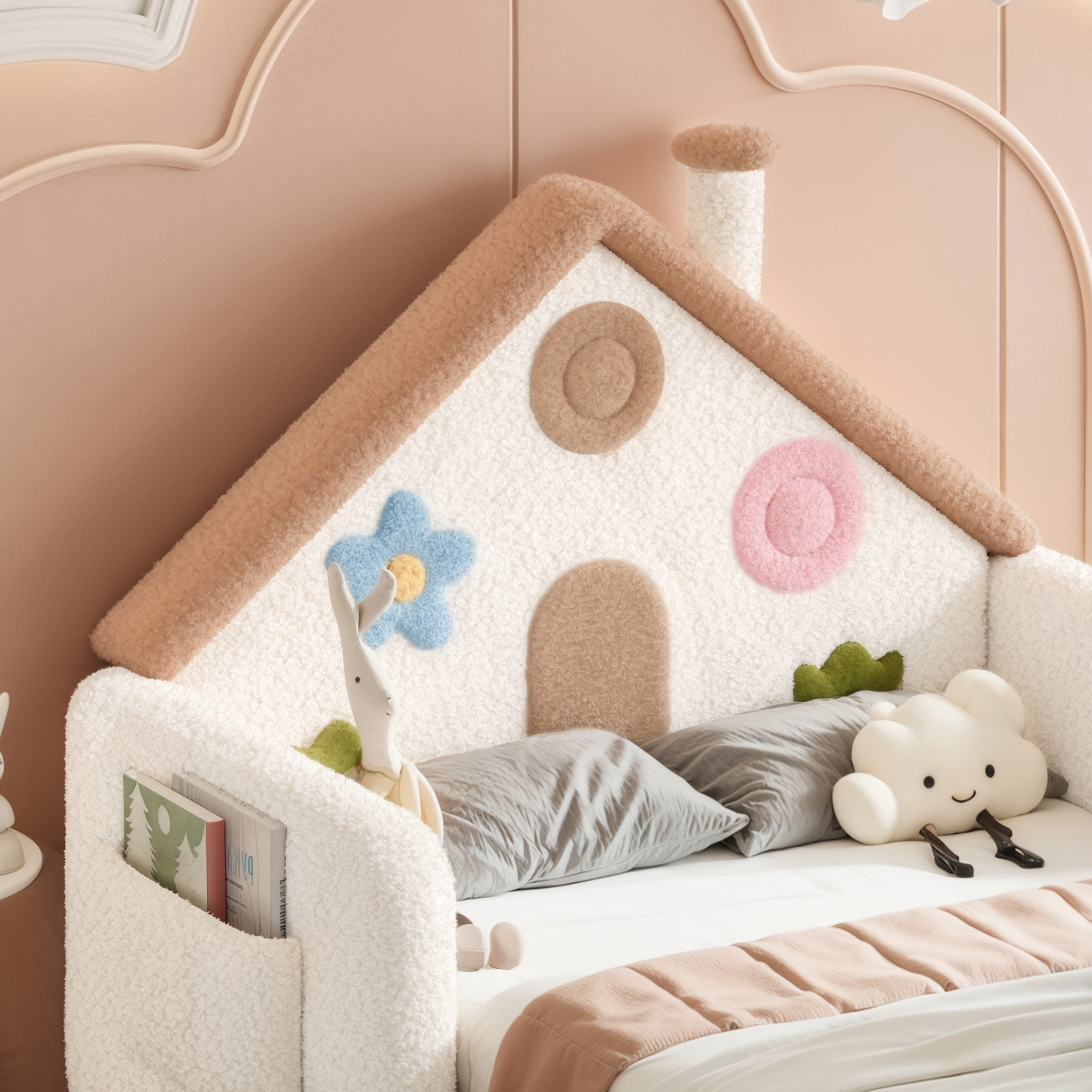 HOQBN Twin House Shaped Upholstered Floor Bed, Upholstered Kids Bed with Safety Side Rails, Low Floor Playhouse Bed for Nursery & Kids Bedroom Beige & Natural