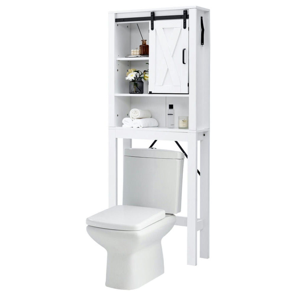 Finihen Toilet Storage Cabinet, Bathroom Cabinet Organizer, 3-Tier Wodden Bathroom Cabinet with Sliding Barn Door and 3-position Adjustable Shelves, for Bathroom, White