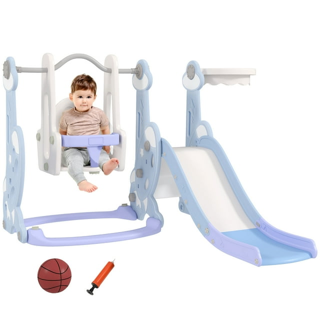Qaba 4-in-1 Slide and Swing Set with Basketball Hoop, Climber, Light Blue