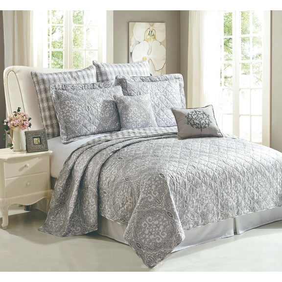 7 Piece Printed Microfiber Bedspread Quilts Set Queen Melody Grey Soft