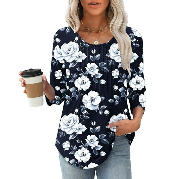 LYEAA Womens Casual 3/4 Sleeve Tunic Blouse Round Neck Loose Fit Shirt, Soft Cotton Tee for Beach Vacation Weekend Wear Multicolor S