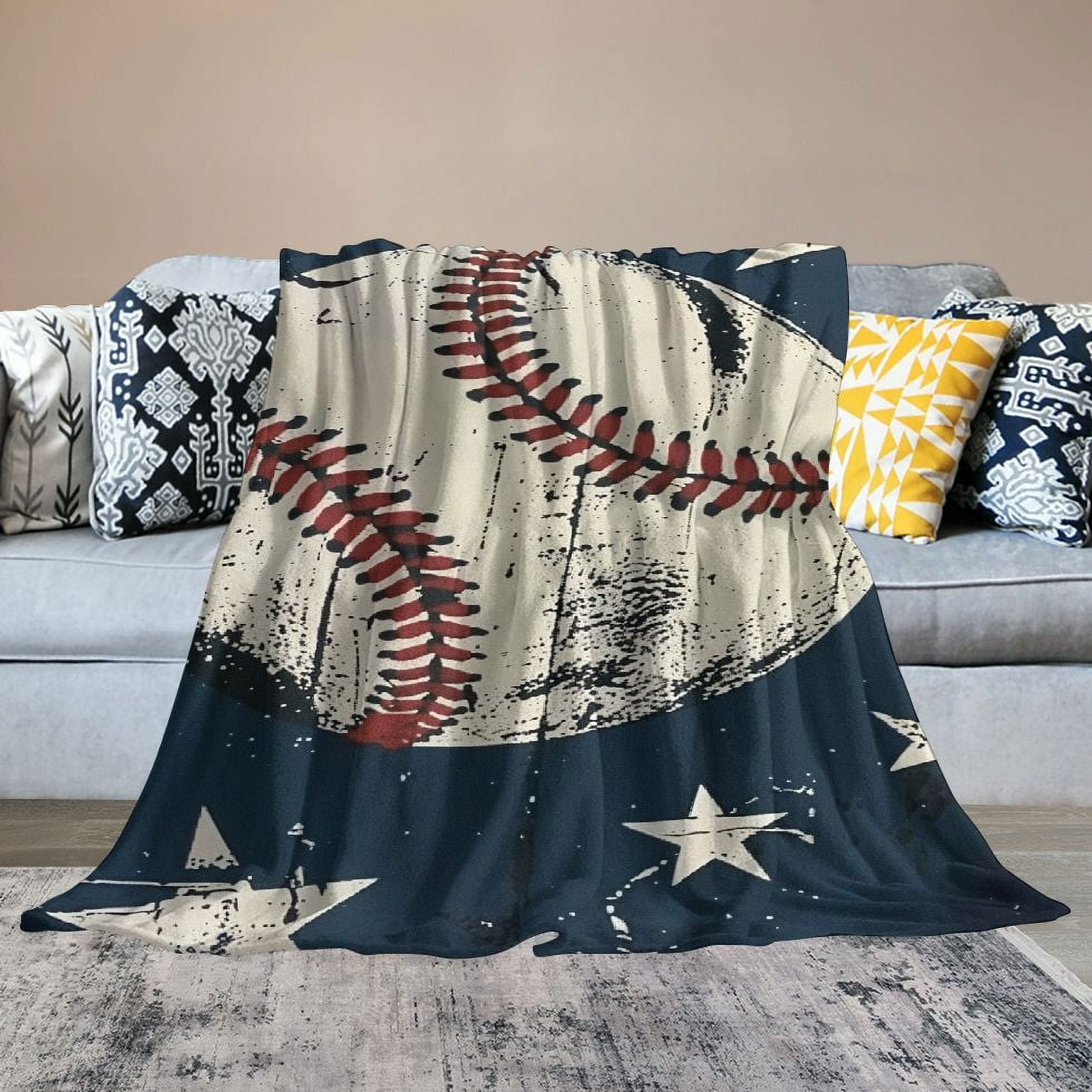 Shiartex  Baseball Throw Blanket Gifts for Boys, Blue Baseball Soft Cozy Plush Flannel Blanket for Kids Bedroom, Baseball Sport Fuzzy Blanket with Stars for Toddler Couch Bed Sofa Decor  White