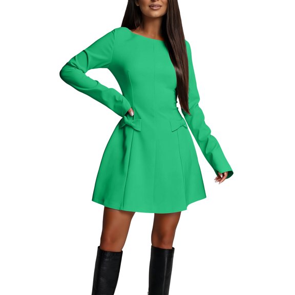 TFEOQRY Womens Boat Neck Mini Dress with Waist Bow Decor Solid Color Long Sleeve A Line Flared Hem Slim Casual Dress