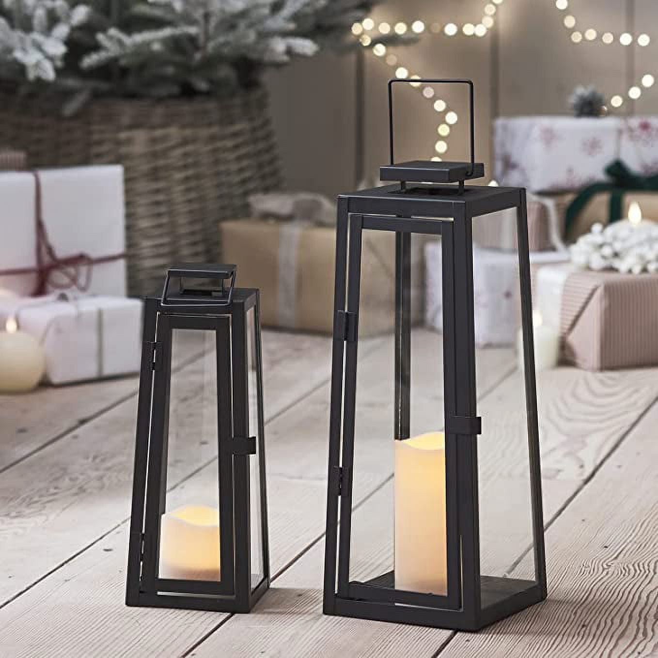 Lights4fun, Inc. Trio of Black Metal Moroccan Indoor Battery Operated LED  Flameless Candle Lanterns with Colored Glass