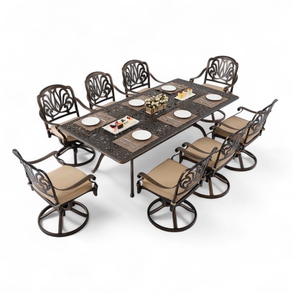 9 Outdoor Dining Set Cast Aluminum Patio Dining Set for 8 Includes 86.6’’ Table and 8 Swivel Chairs with Cushion and Umbrella Hole