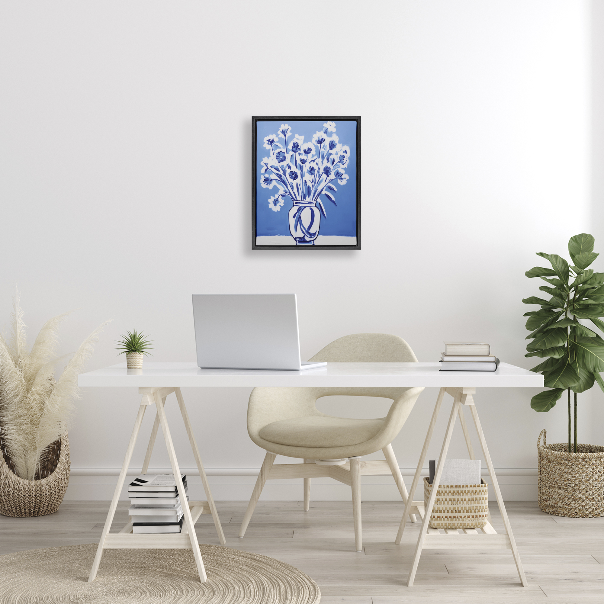 Blue & White Contrast Flowers Black Framed Floater Canvas Wall Art, design by Lettered and Lined