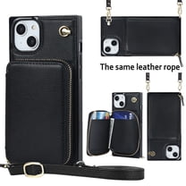 Crossbody Wallet Case for iPhone 14, RFID Blocking PU Leather Zipper Handbag Purse Flip Cover, Kickstand Case with Card Slots Holder Wrist Strap Lanyard For iPhone 14, Black