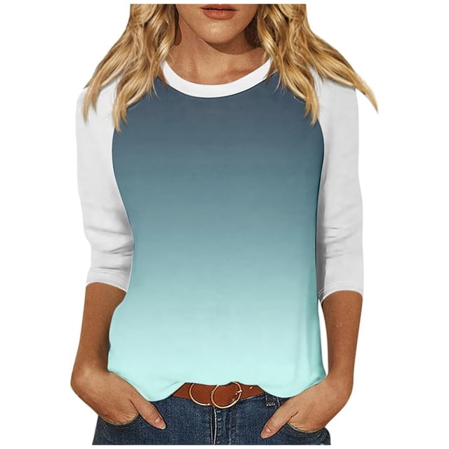 Birdeem Blouses for Women Womens 3/4 Sleeved Solid Color Gradient Printed Short Sleeved Round Neck Top