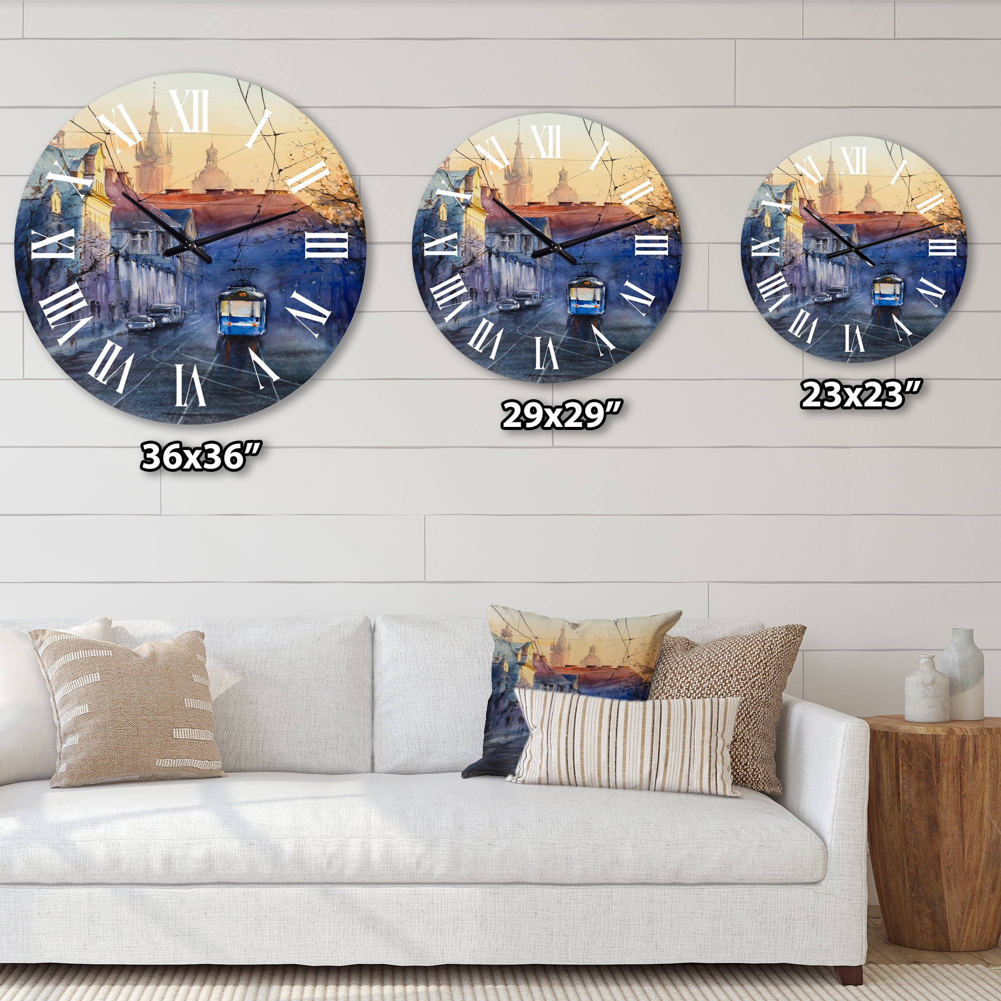 Designart 'Blue Tram At Sunset With Church During Sunset' Nautical & Coastal Wall Clock