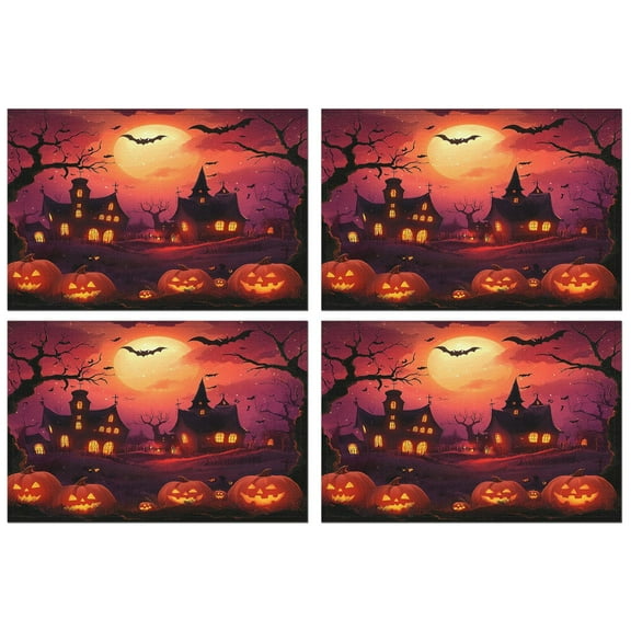 Haloween Scary Night Moon Black Dead Tree Gothic Castle Pumpkin Table Mats Set of 4 Autumn Halloween Place Mat Washable Anti-Skid Dining Table Mats for Party Kitchen Dining Decoration