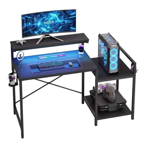 RSPGAME LED Gaming Desk with Monitor Stand, 47 inch Reversible Computer Desk for Home Office,  Carbon Fiber Black