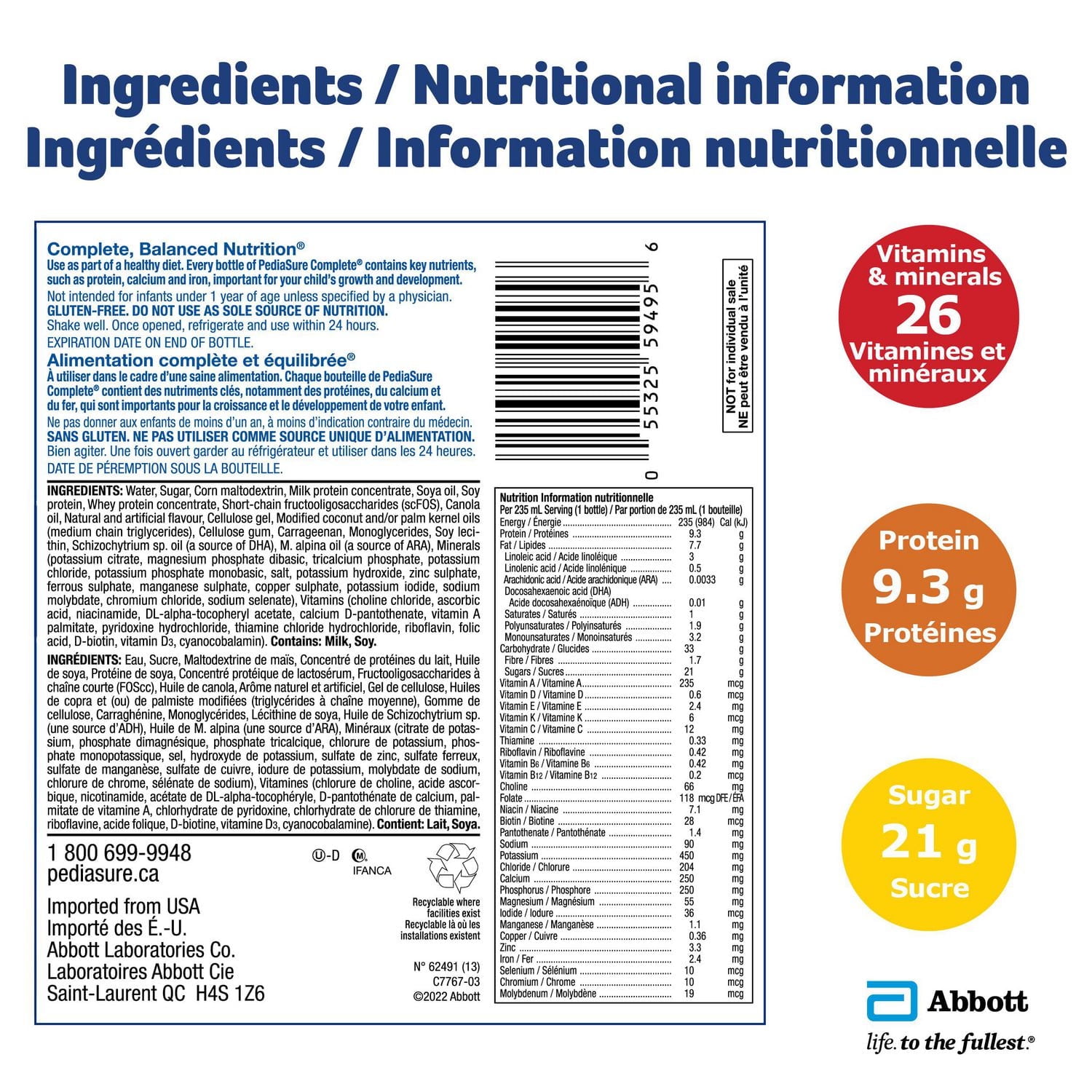 PediaSure Complete, Supplément nutritionnel, Boisson nutritive pour enfants à prendre au petit déjeuner avec un repas, Vanille, 4 x 235 mL 4 x 235 mL (emballage de 4)