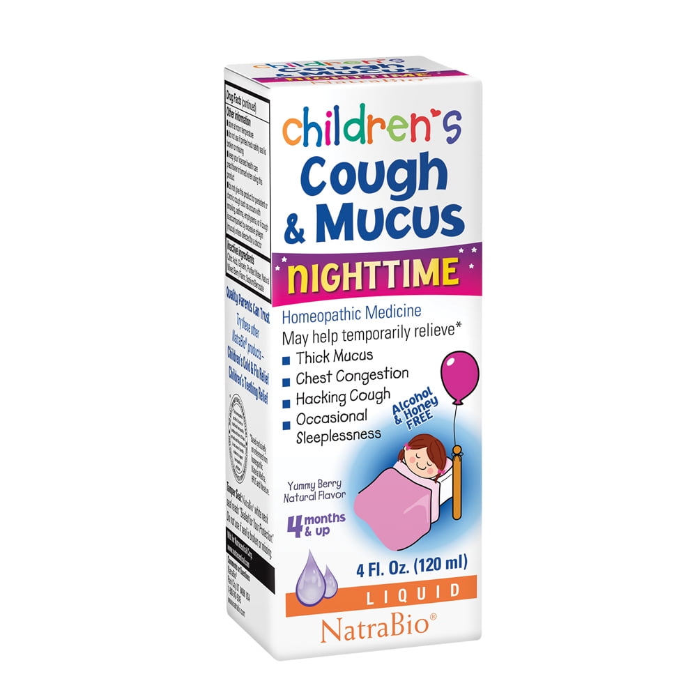 NatraBio Childrens Cough & Mucus Nighttime | Homeopathic Relief for Cough, Congestion | Ages 4+ Months | 4oz, 47 Serv