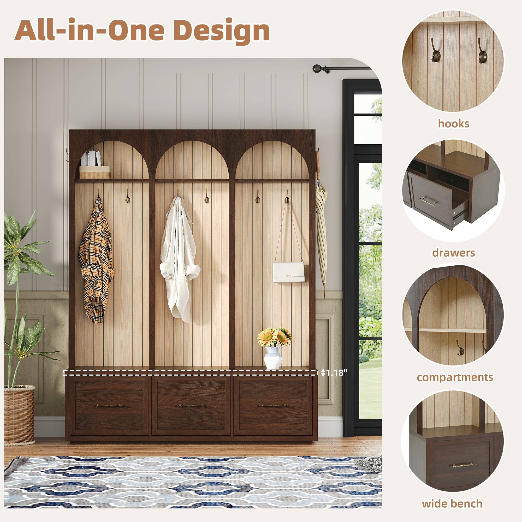 Euroco Farmhouse Wooden Style Hall Tree with Arched Design, Elegant 59" Wide Entryway Bench with 8 Retro Hooks, Rustic Coat Rack & Shoe Organizer with 3 Drawers for Mudroom, Living Room, Dark Walnut