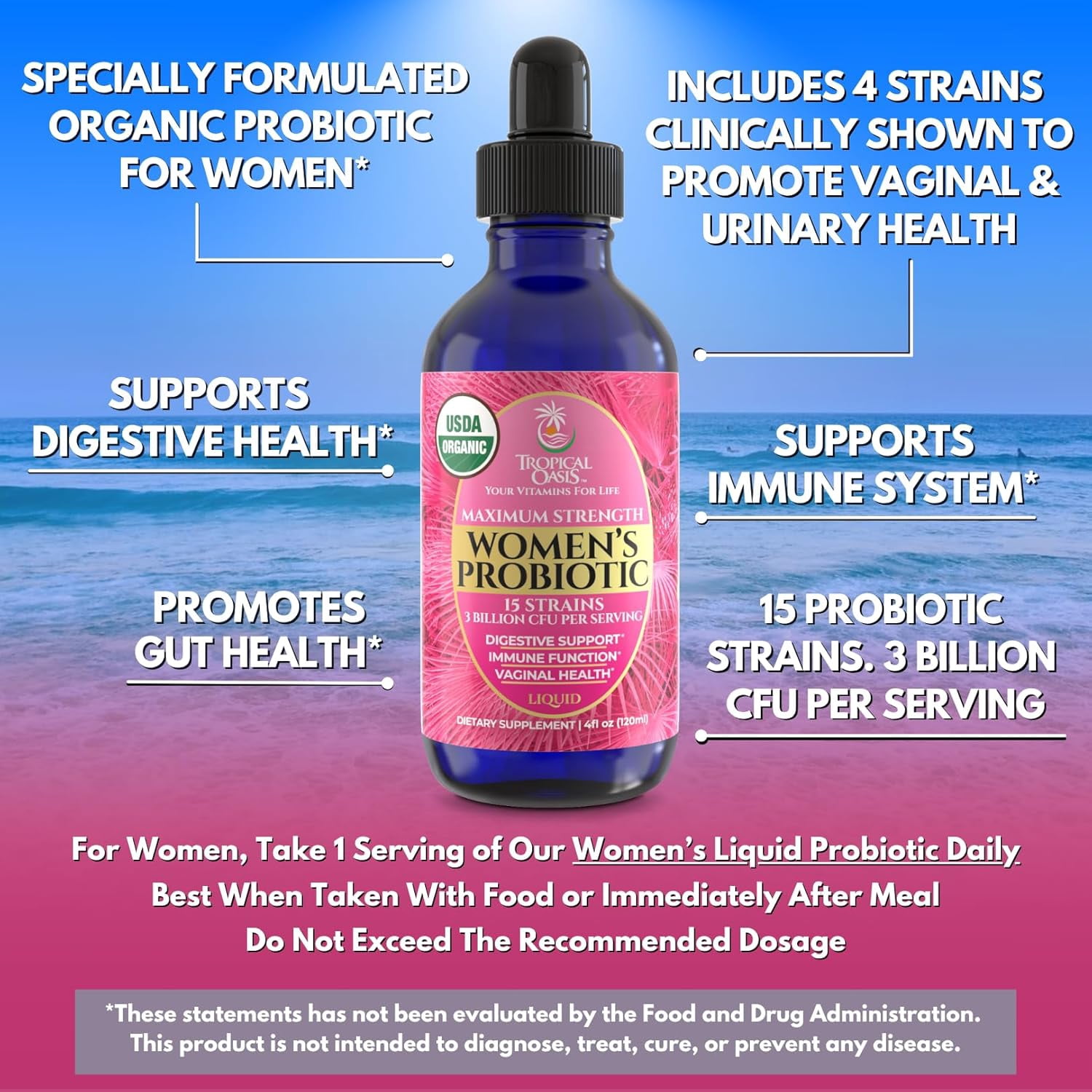 Tropical Oasis Women's Probiotic Drops, 15 Strains 3 Billion CFU Digestive Immune Support, Strawberry, 4 fl oz, 40 Servings