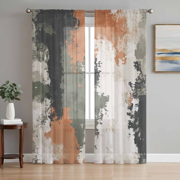 Vintage Sage Green Orange Semi Sheer Window Curtains 72 Inches Long, Modern Abstract Art Rod Pocket Voile Silky Chiffon Curtain Light Filtering Drapes for Living Room, Kitchen, 52"x72", 2 Panels