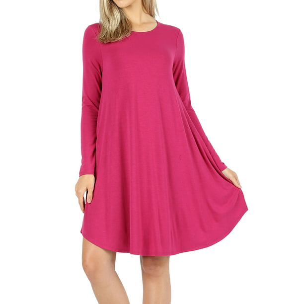 TheLovely - Women Long Sleeve Round Neck A-Line Pleated Knee Length ...
