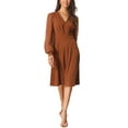 thumbnail image 2 of INSPIRE CHIC Women's Wrap Dress V Neck Lantern Long Sleeves Swiss Dots Midi Dress with Pockets M Caramel, 2 of 6