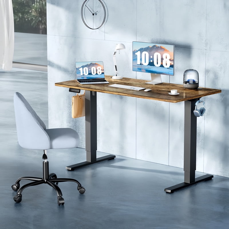 Kelno 55" Electric Standing Desk Height Adjustable Sit-Stand Desk with 3 Memory Presets Splice Desktop, Rustic Brown