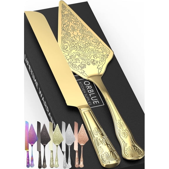 Orblue Wedding Cake Knife and Server Set - Premium, Beautifully Engraved Cutting Set - Elegant Keepsake for Newlyweds Gold