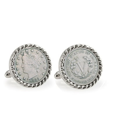 American Coin Treasures 1883 First-Year-of-Issue Liberty Nickel Silvertone Rope Bezel Cuff Links