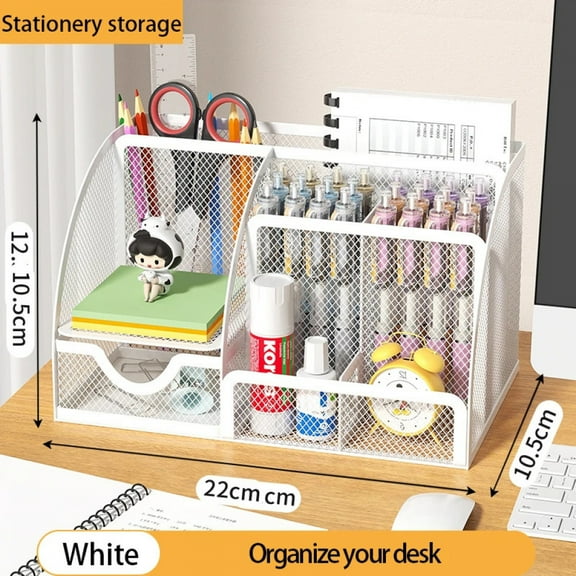 Mesh Pen Holder and Organizer Office Supplies with 7 Compartments, Desktop Organizer with Drawer, Metal Pen Holder for Desk