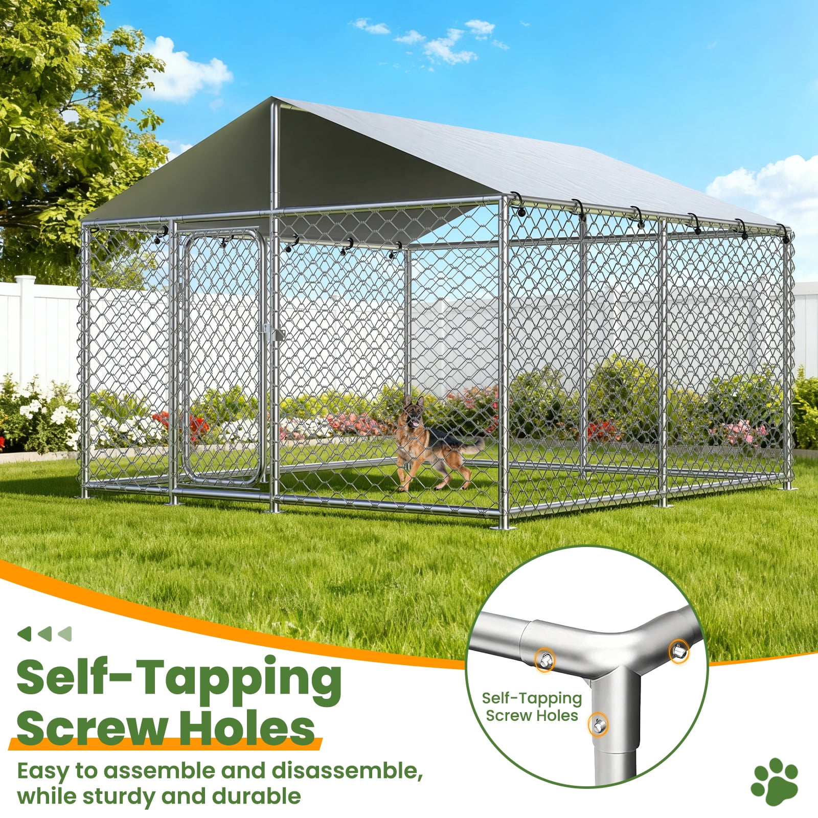 Ironovahome 7.8'x7.8' Outdoor Dog Kennel, Heavy Duty Galvanized Steel Metal Dog Pet Enclosure, with Water & UV-Resistant Proof Cover and Security Lock