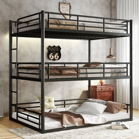 QJTC Full over Full over Full Triple Bunk Bed, Heavy Duty Metal Bunk beds with Built-in Ladder and Safety Guardrail for Teens and Adults