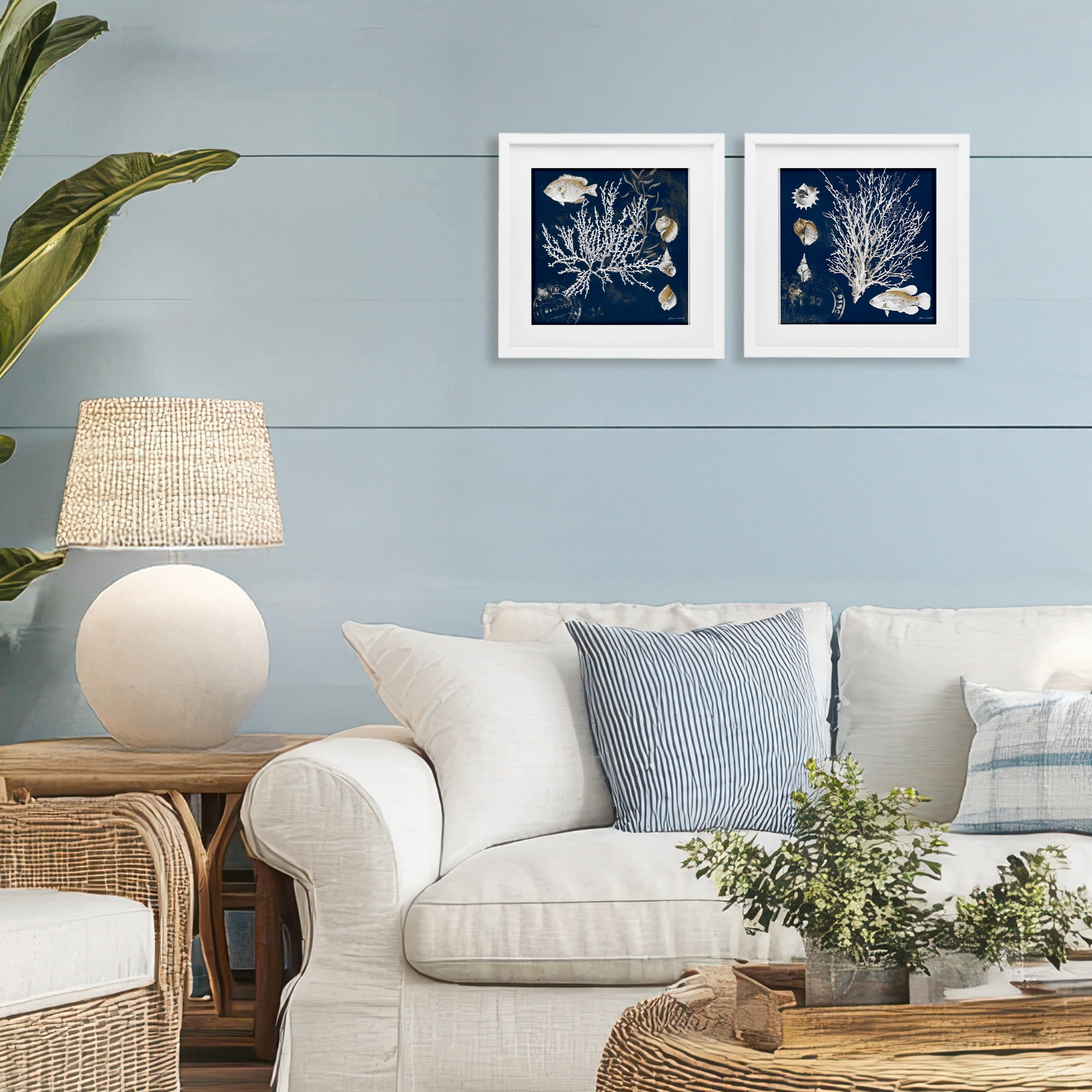 Stupell Industries Navy Coral Medley 2 Piece White Framed Print Under Glass Set, design by Lanie Loreth