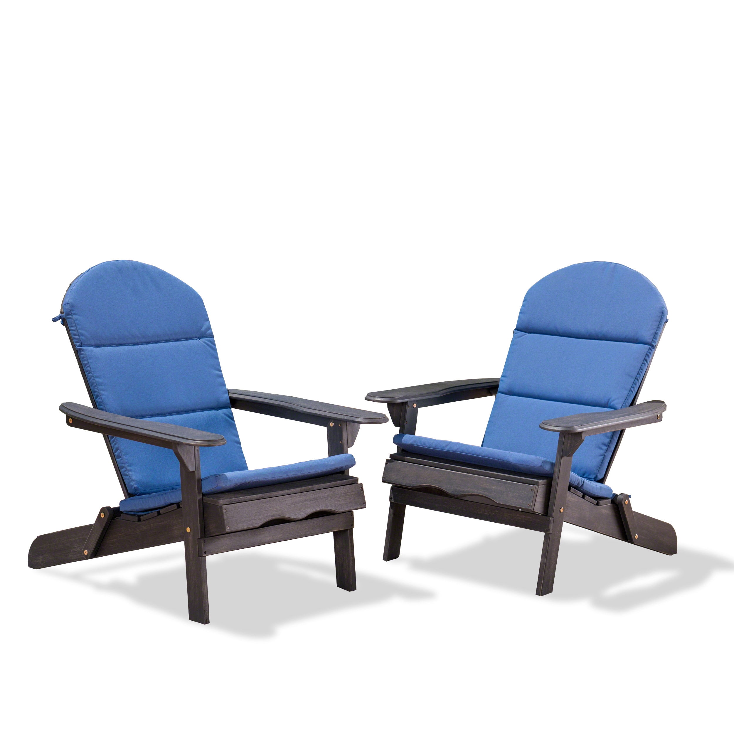 Ariel Outdoor Acacia Wood Folding Adirondack Chairs with Cushions (Set of 2), Dark Gray and Navy Blue
