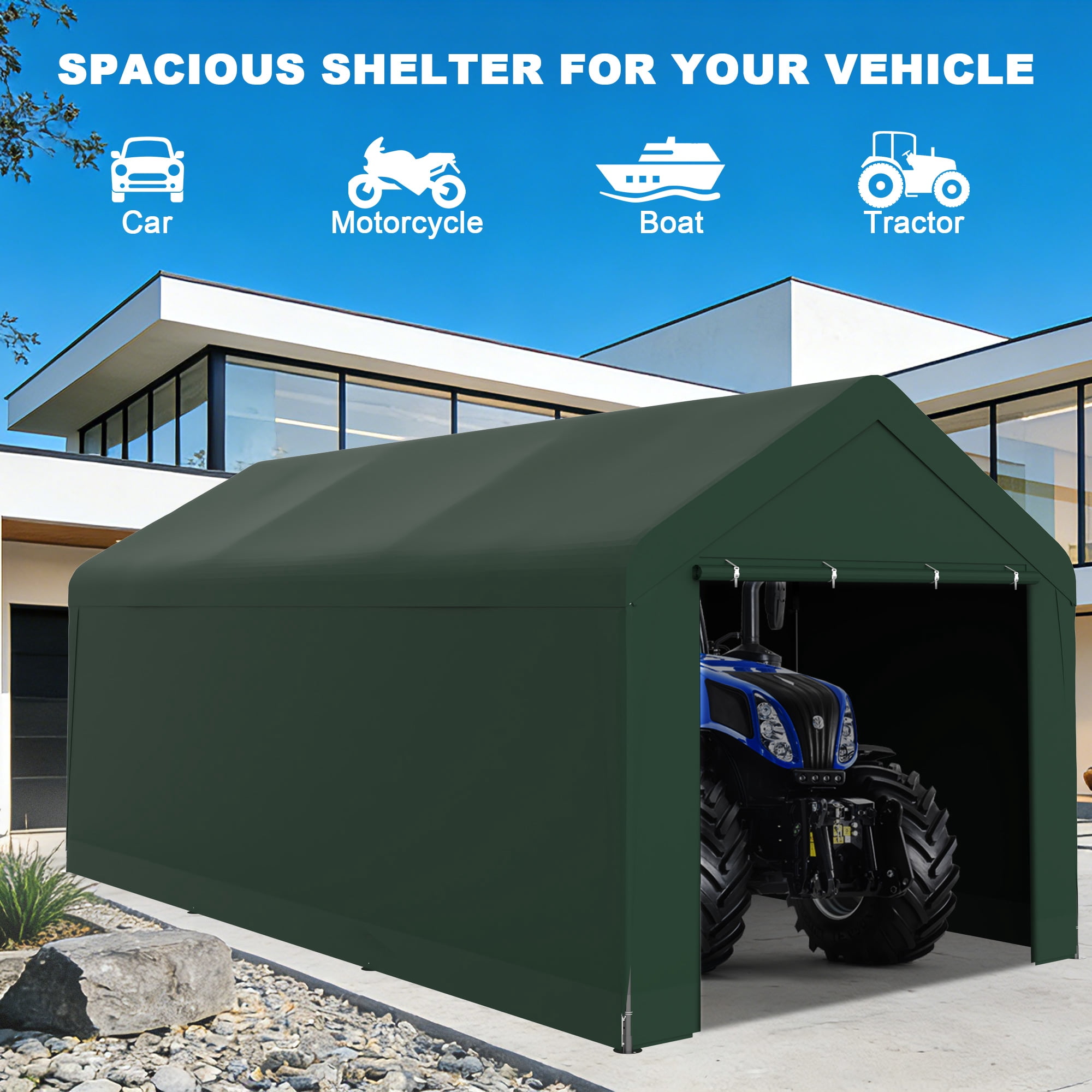 Outdoor Carport 10' x 20' Portable Garage Car Shelter Shade with Removable Sidewalls & Doors, Carport Canopy with Powder-Coated Steel Frame for Outdoor Party, Birthday
