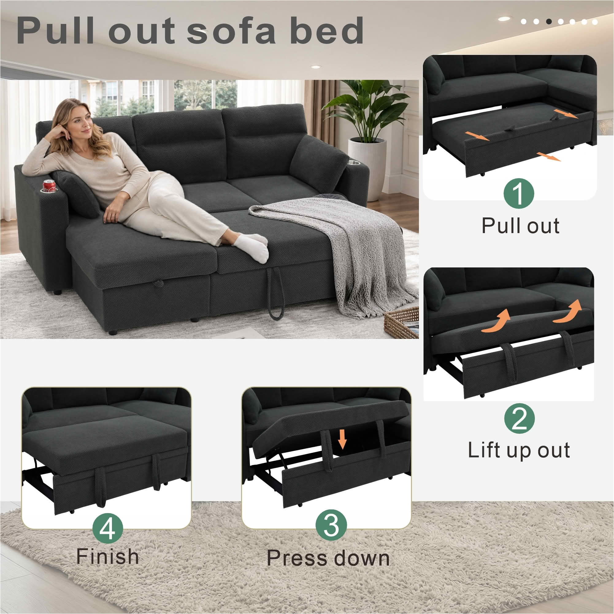 MAYEERTY 82.5 Inch L‑Shaped Pull‑Out Sectional Sofa Bed, Convertible Sleeper Couch with Storage Chaise, Cup Holders & 2 Pillows for Apartments