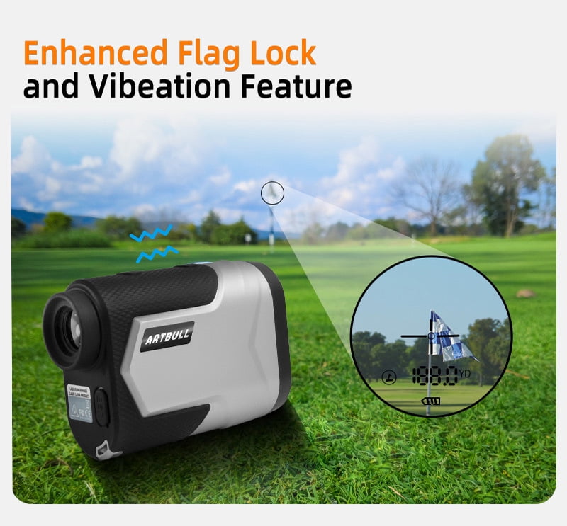 Golf Rangefinder with Wind Speed and Direction Pin Locking with Visual Jolt
